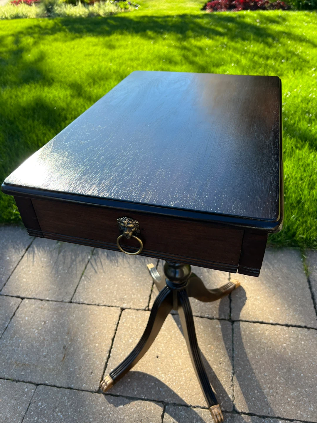 Vintage Dark Wood Side Table with Lion Ring Pull - photo 3
