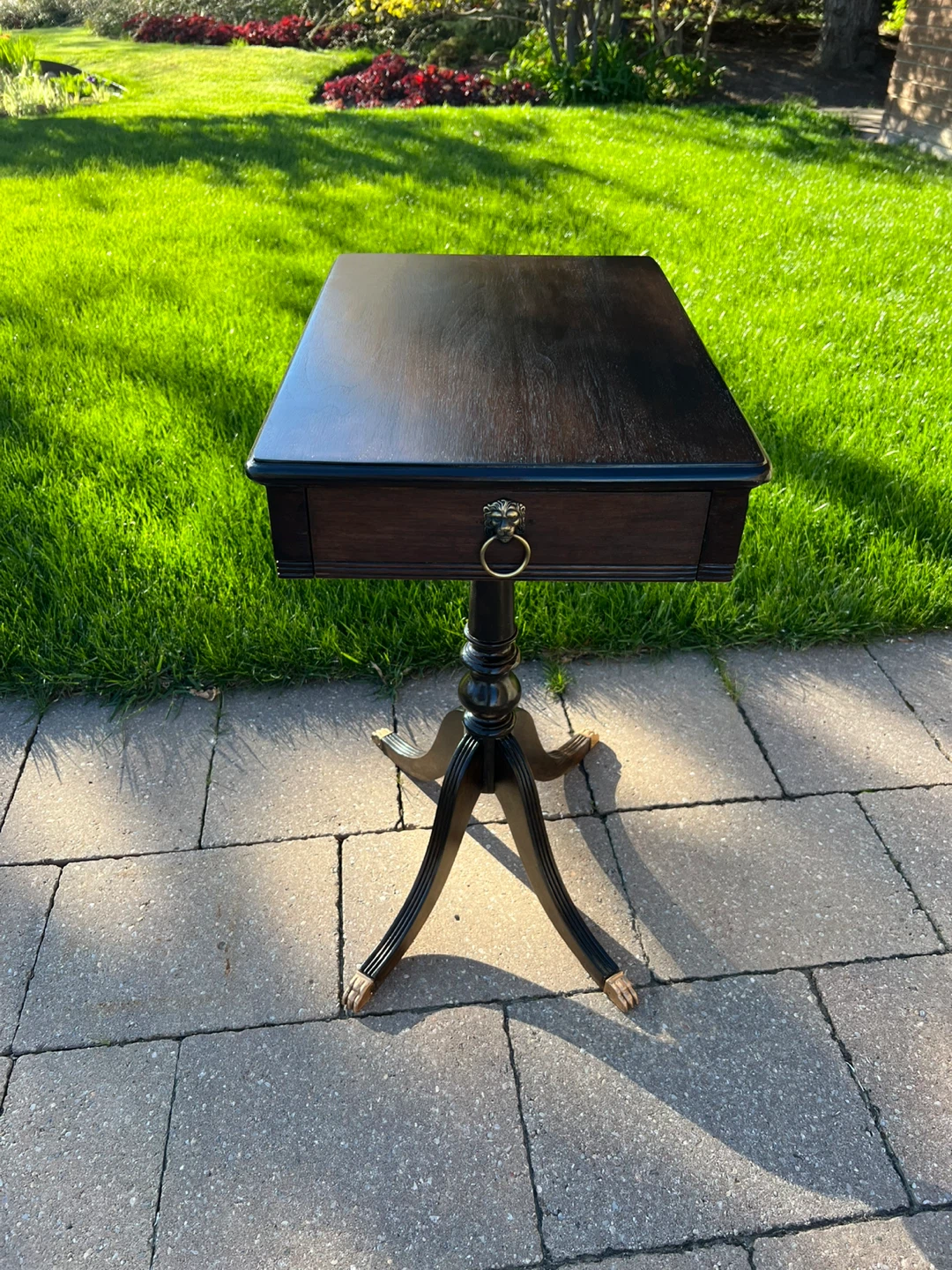 Vintage Dark Wood Side Table with Lion Ring Pull - photo 2