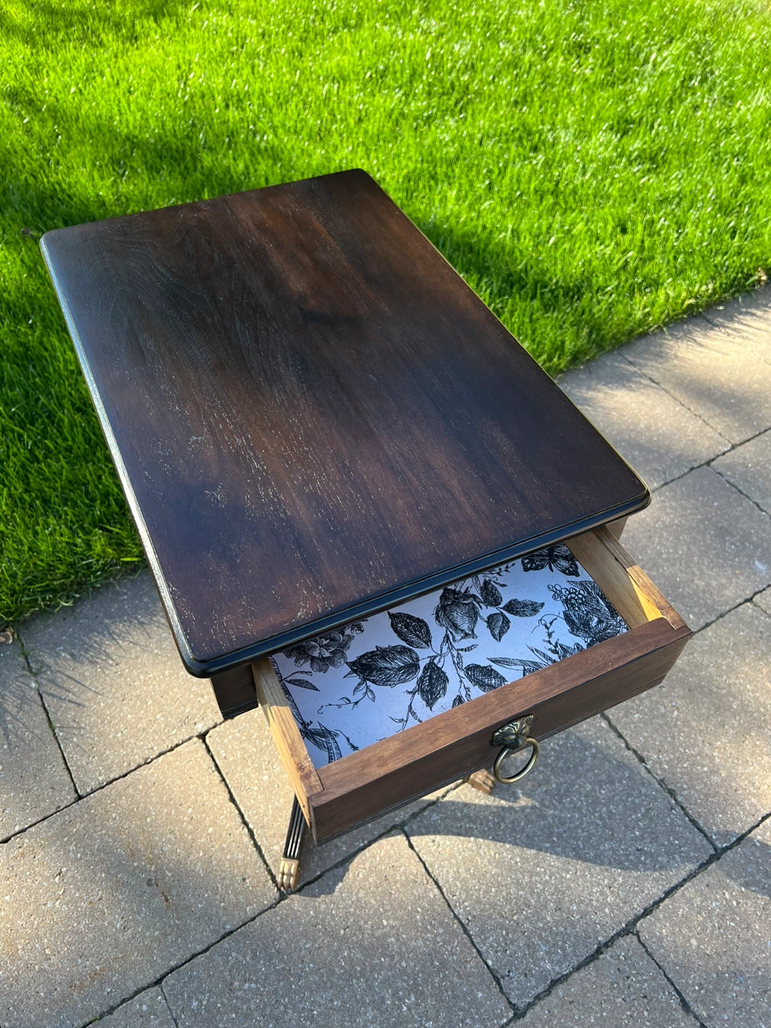 Vintage Dark Wood Side Table with Lion Ring Pull - photo 5