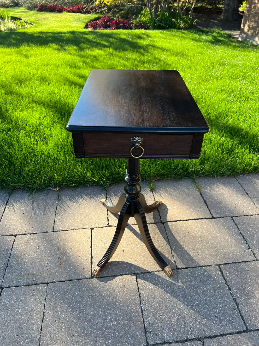 Vintage Dark Wood Side Table with Lion Ring Pull