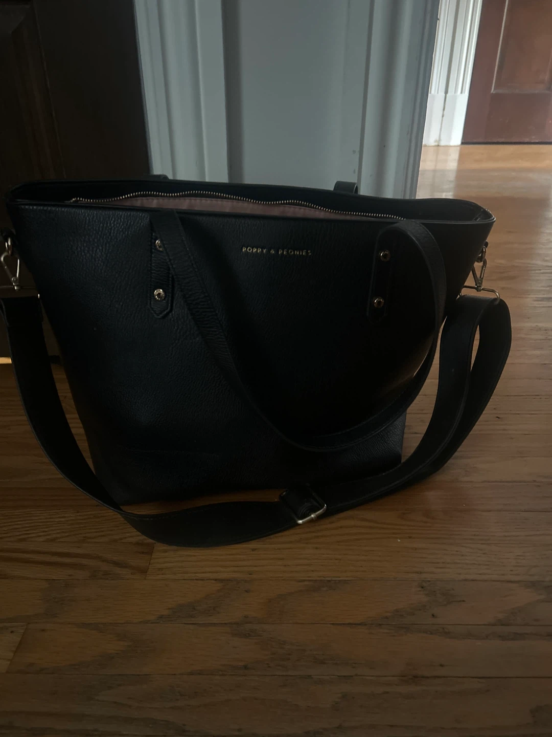 Poppy & Peonies Black faux  Leather Tote Bag