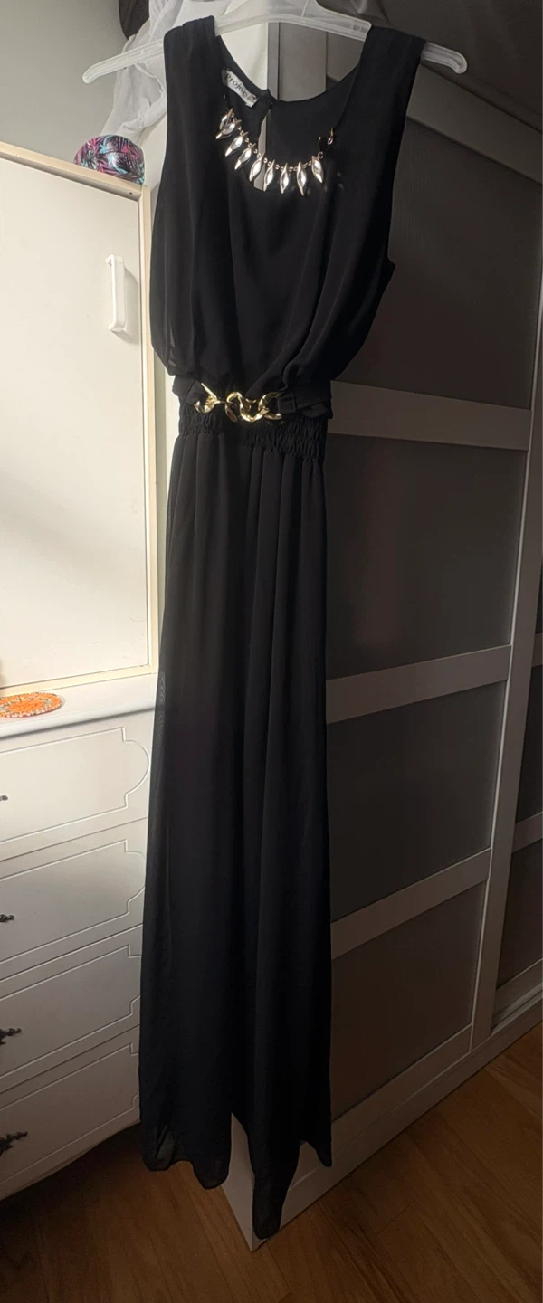 Black Maxi Dress with Gold Chain Belt and Necklace