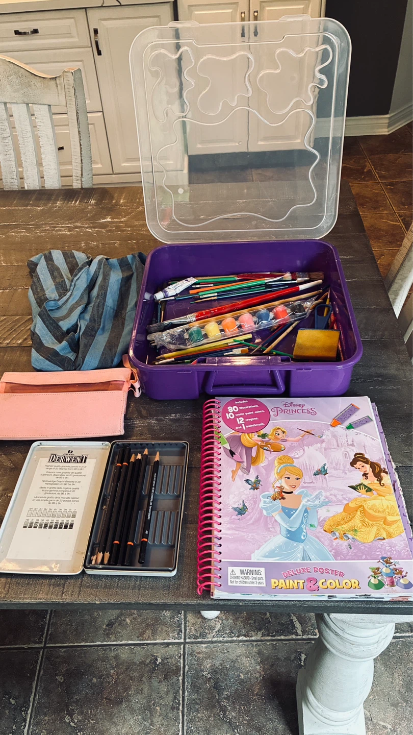 Kids painting/art supplies, paint, art pencils, apron & more