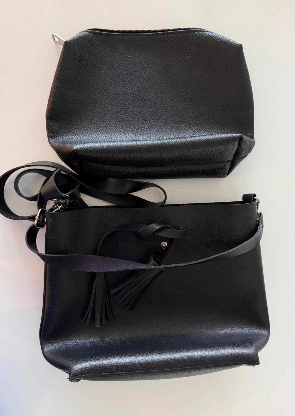Black Leather Bucket Bag and zipper pouch