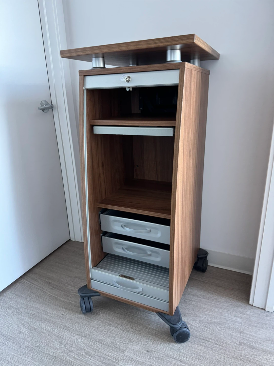 Wood Rolling Storage Cabinet with Drawers and Lock - photo 2