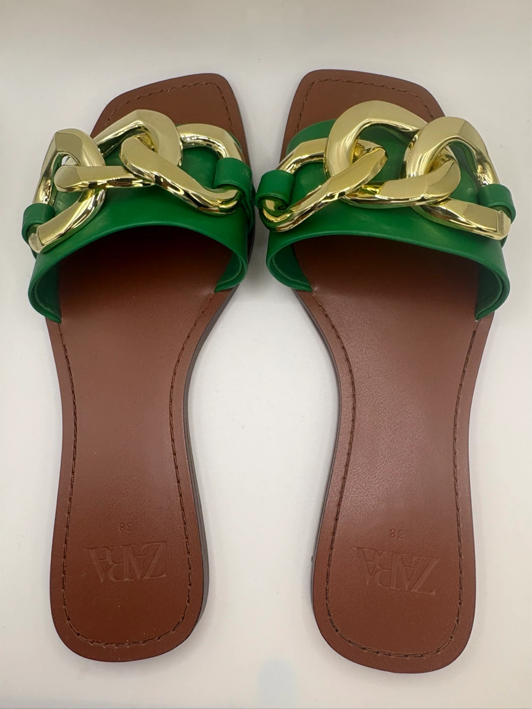 7.5 - ZARA Women's Green Chain Slide Sandals - photo 2