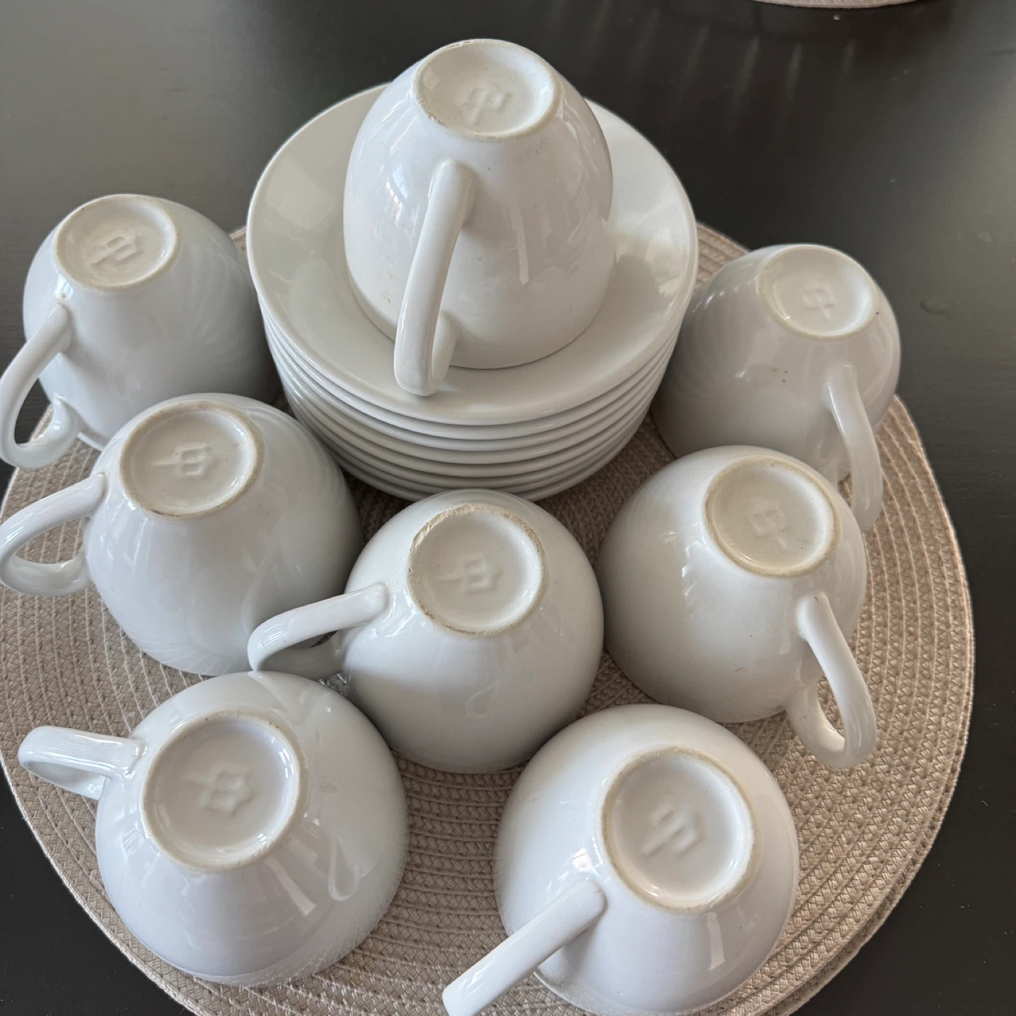 Set of 8 White Ceramic Coffee Cups and Saucers