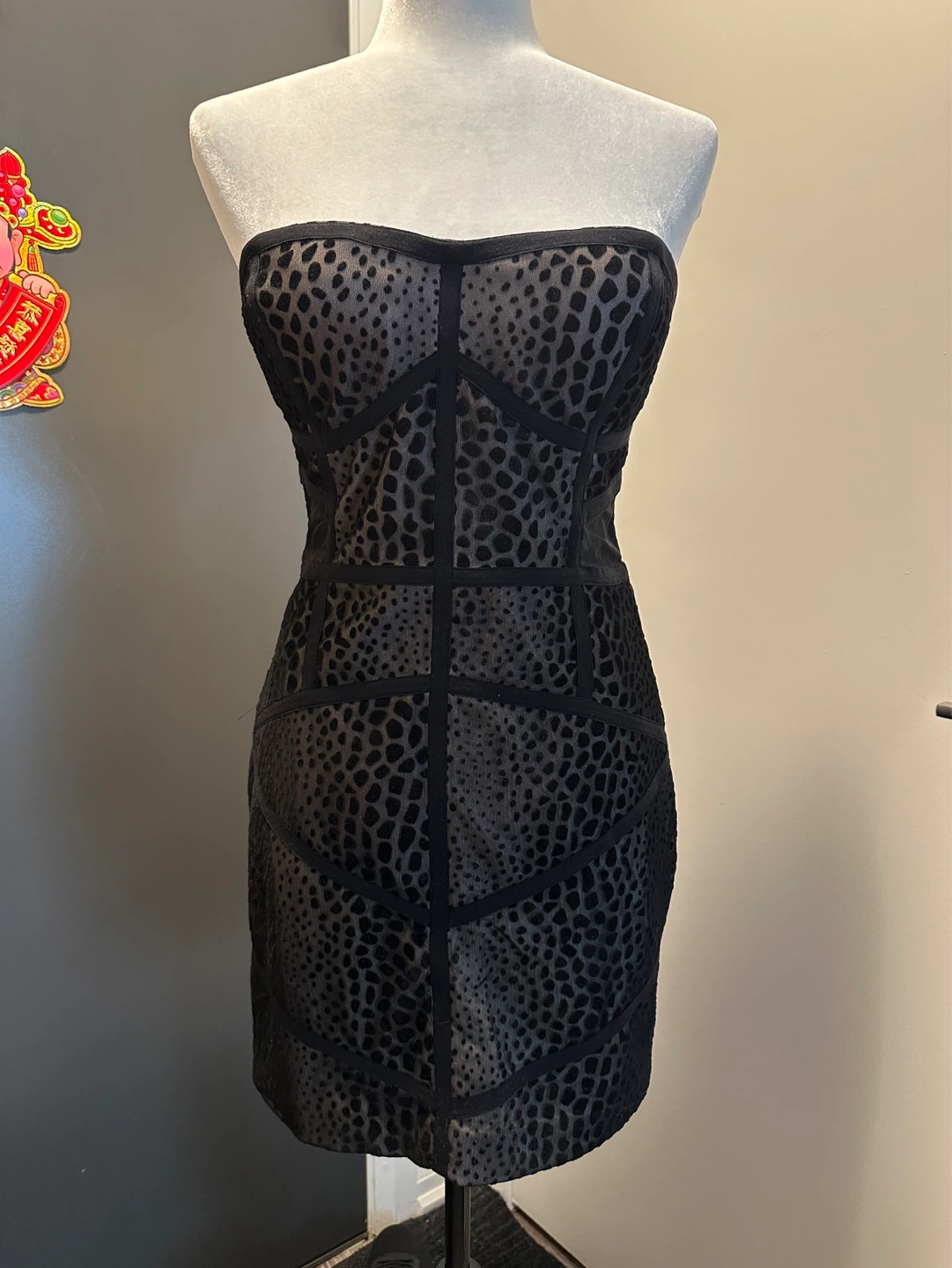 BEBE Black Strapless Cheetah Print Mini Dress M