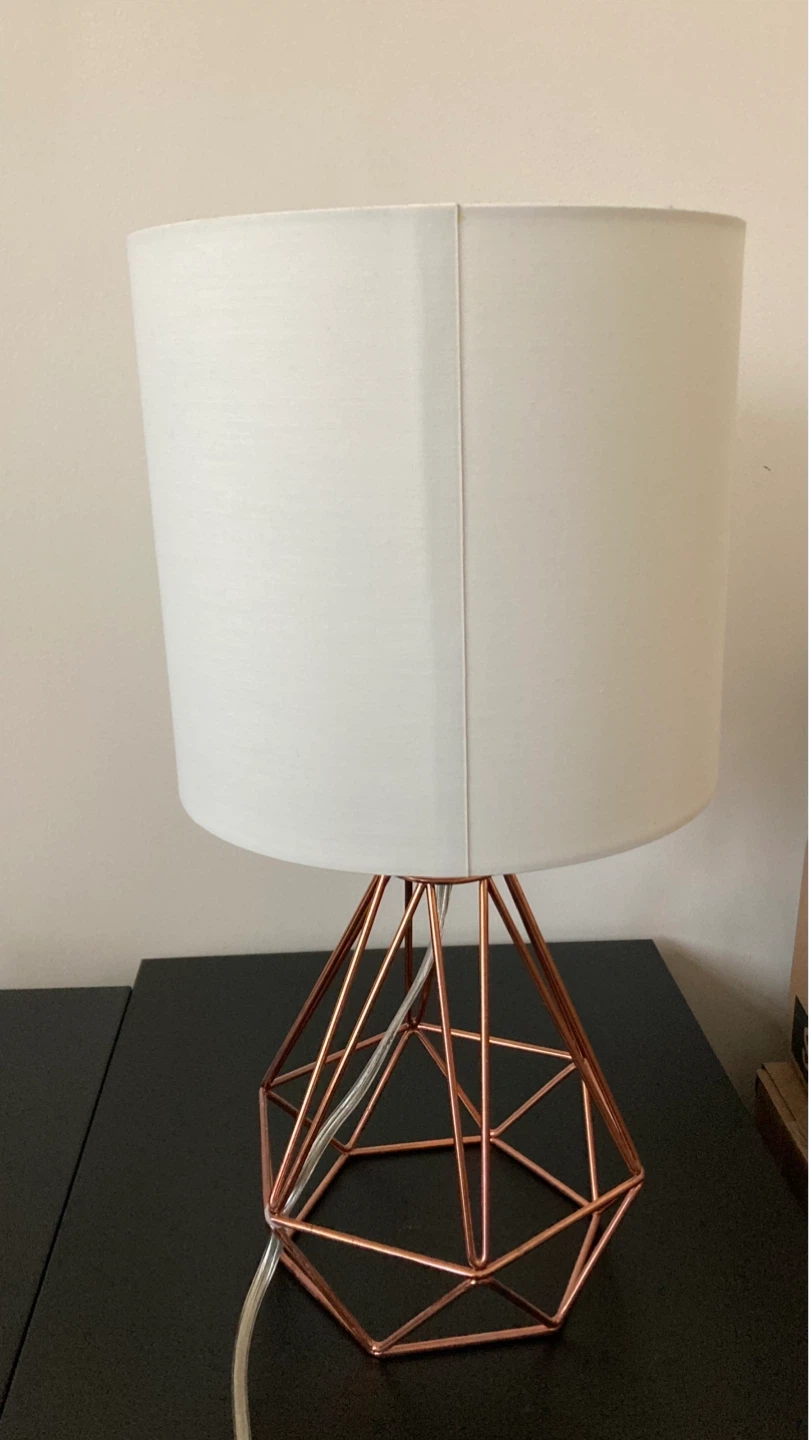 White Drum Lampshade with Copper Geometric Base