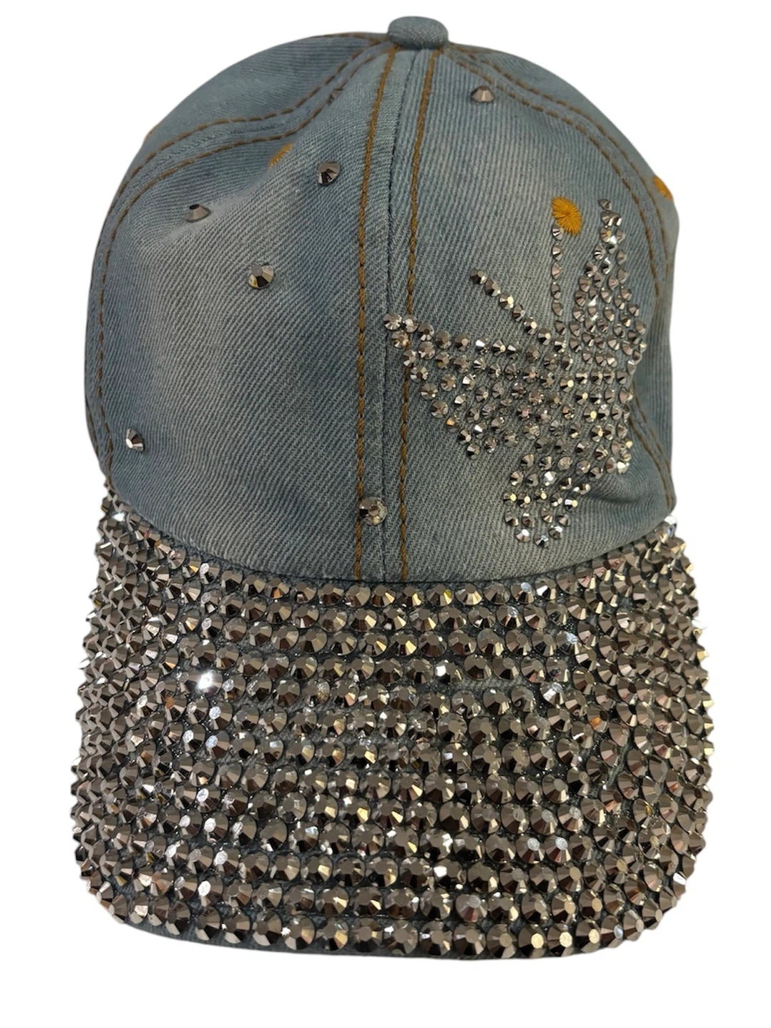 Denim Baseball Cap with Rhinestone Butterfly and Brim