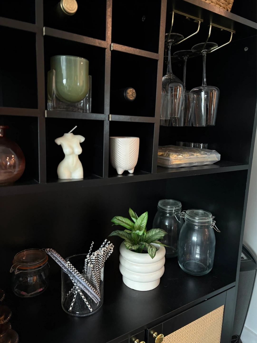 Black Arched Bar Cabinet with Wine Rack and Rattan Doors - photo 2