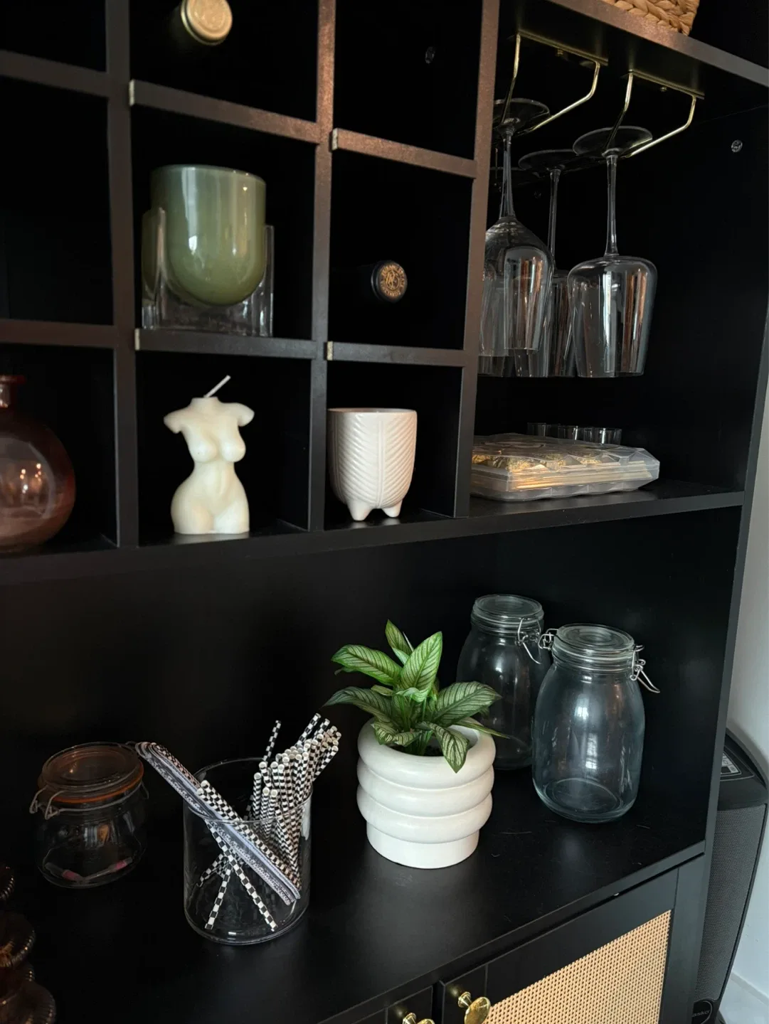 Black Arched Bar Cabinet with Wine Rack and Rattan Doors - photo 2