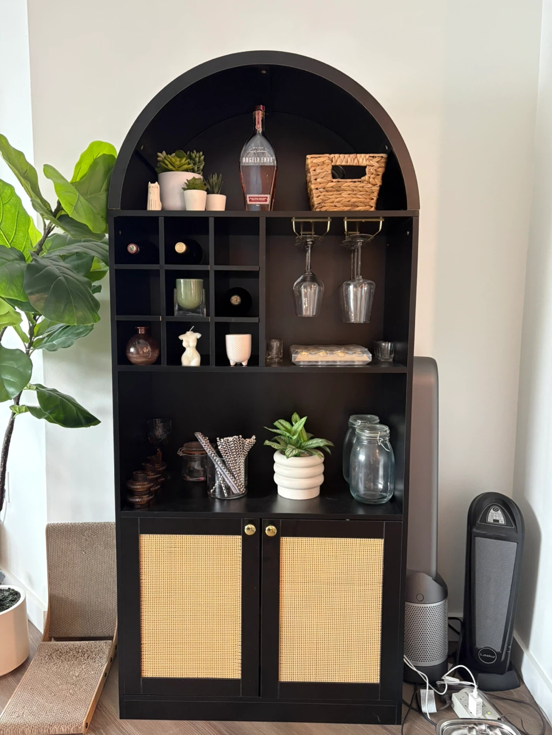 Black Arched Bar Cabinet with Wine Rack and Rattan Doors