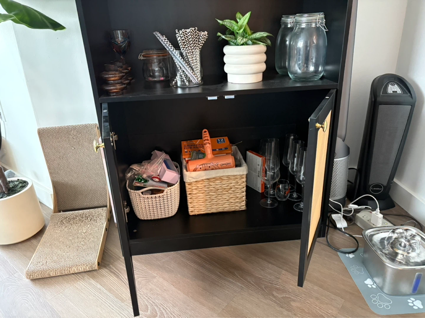 Black Arched Bar Cabinet with Wine Rack and Rattan Doors - photo 3