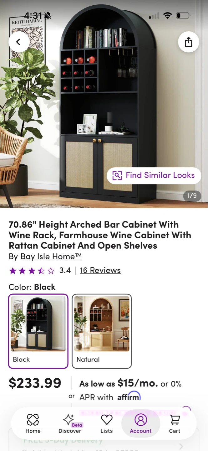 Black Arched Bar Cabinet with Wine Rack and Rattan Doors - photo 5
