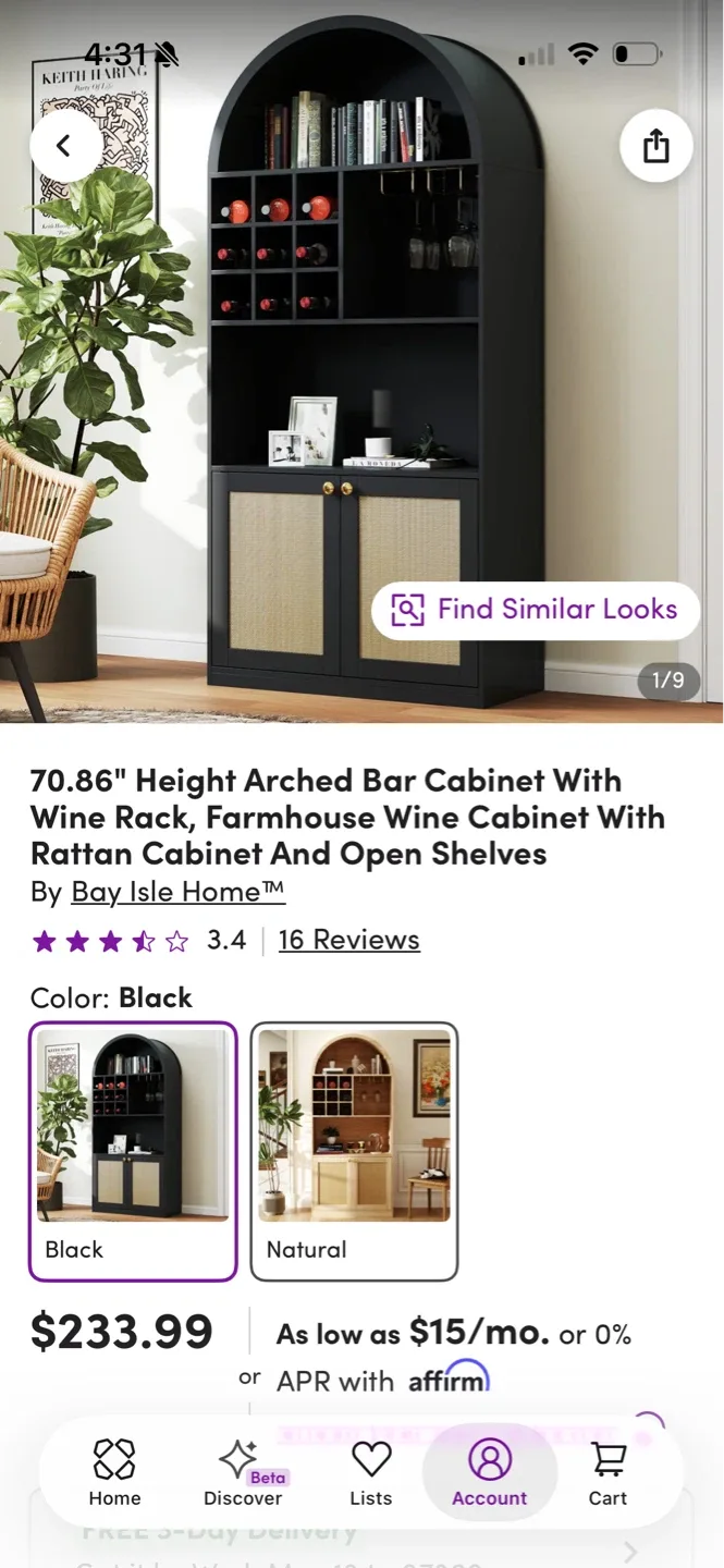 Black Arched Bar Cabinet with Wine Rack and Rattan Doors - photo 5
