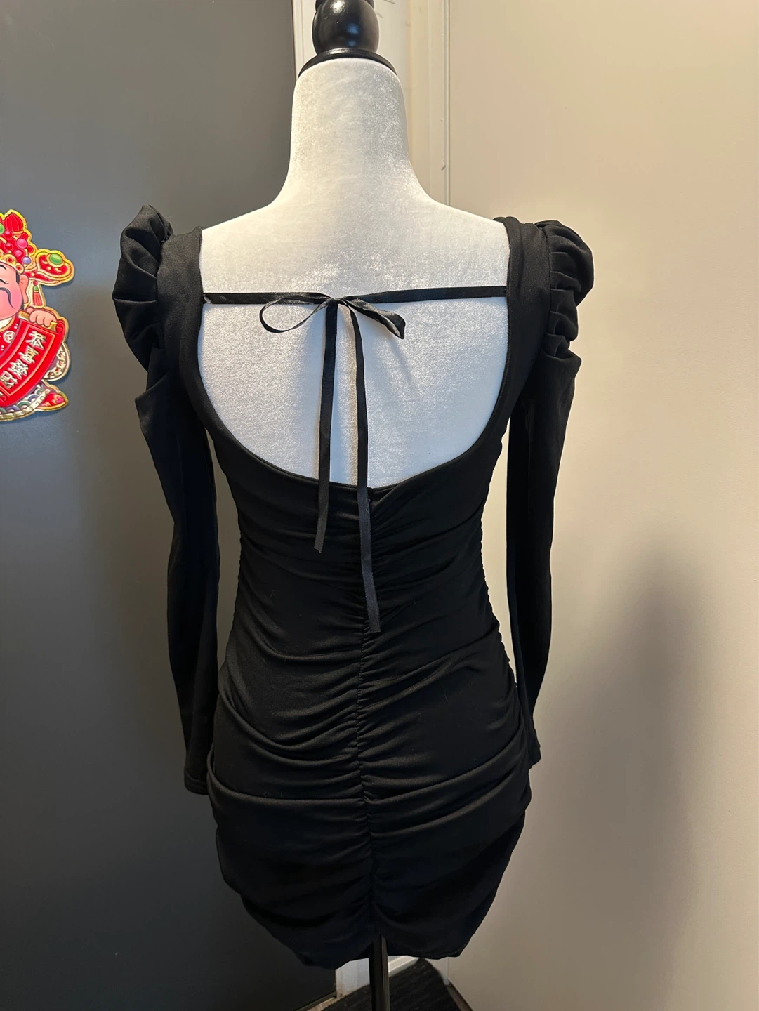 Black Ruched Puff Sleeve Mini Dress S - photo 3