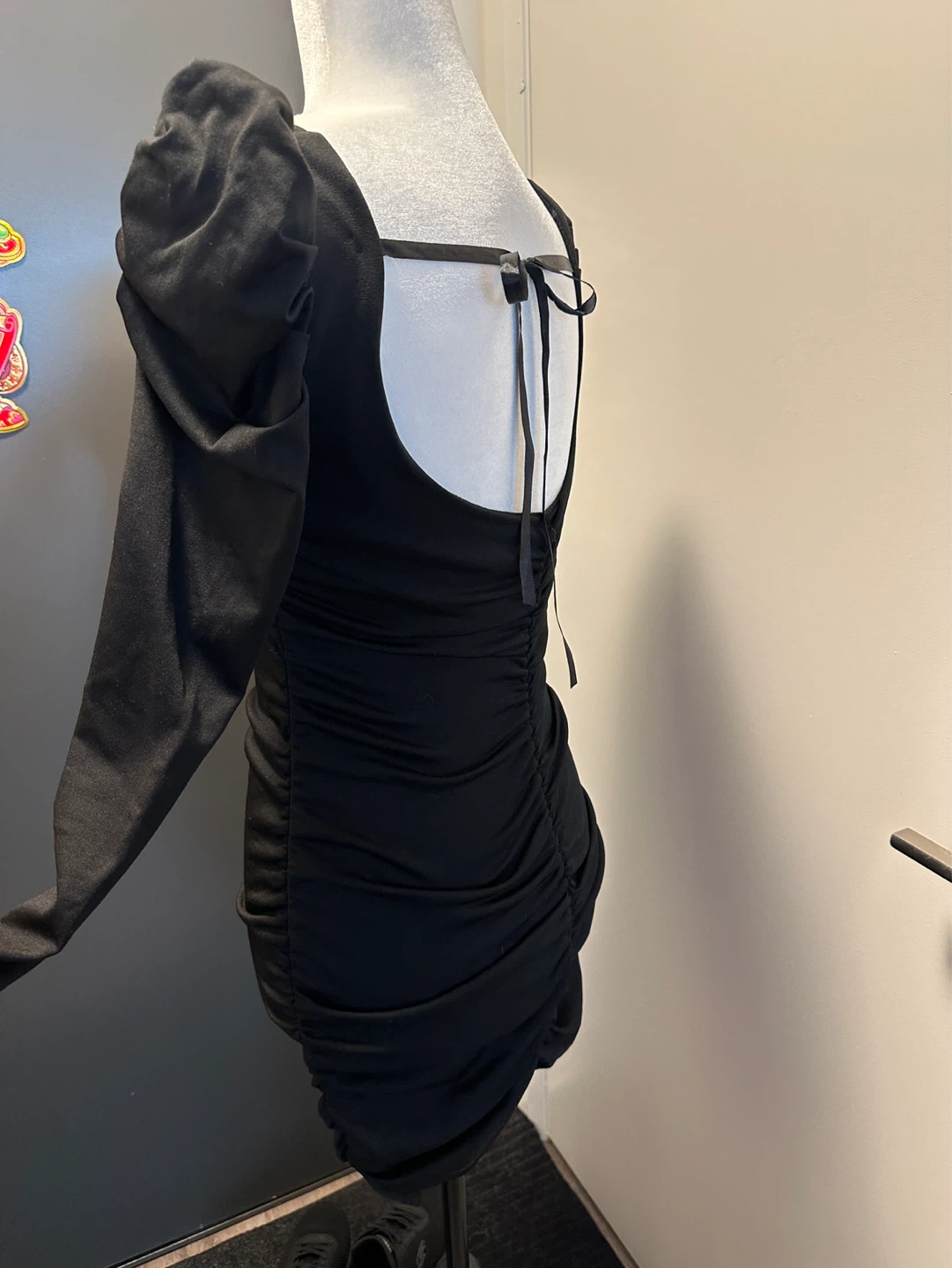 Black Ruched Puff Sleeve Mini Dress S - photo 2