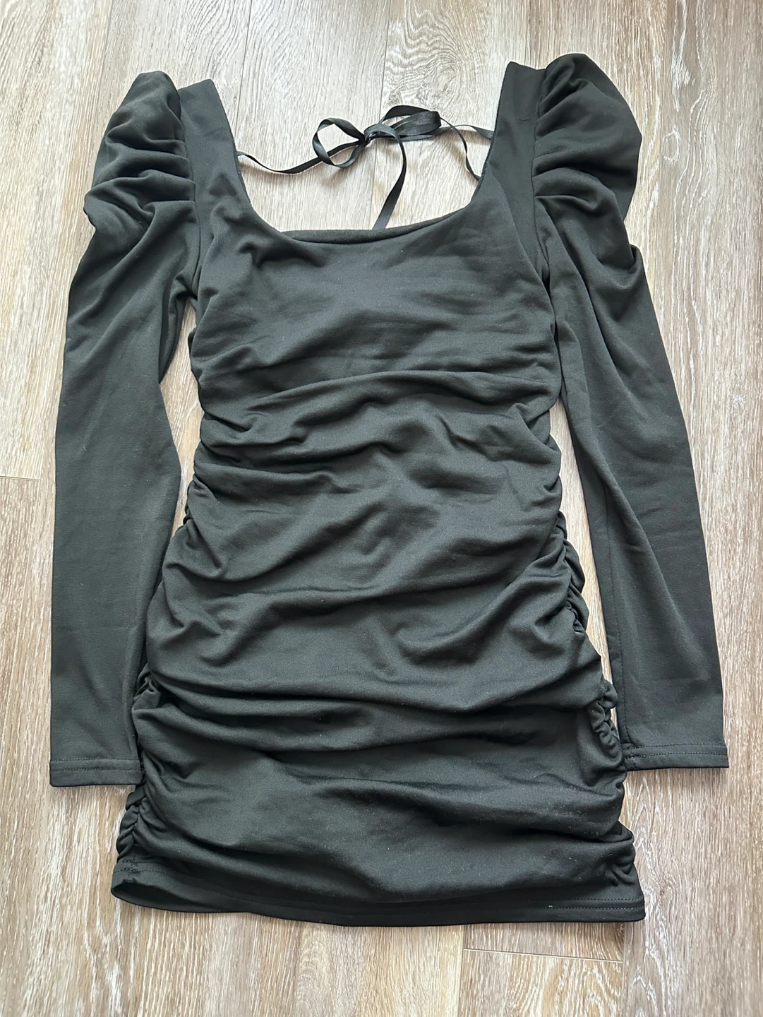 Black Ruched Puff Sleeve Mini Dress S - photo 4