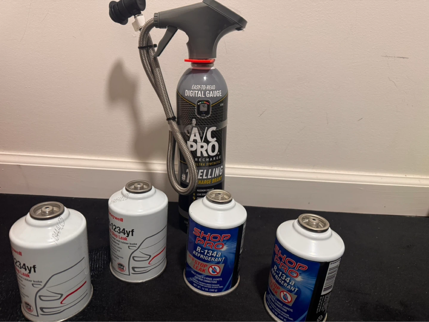 A/C Pro Recharge Kit with R-134a and R-1234yf Cans