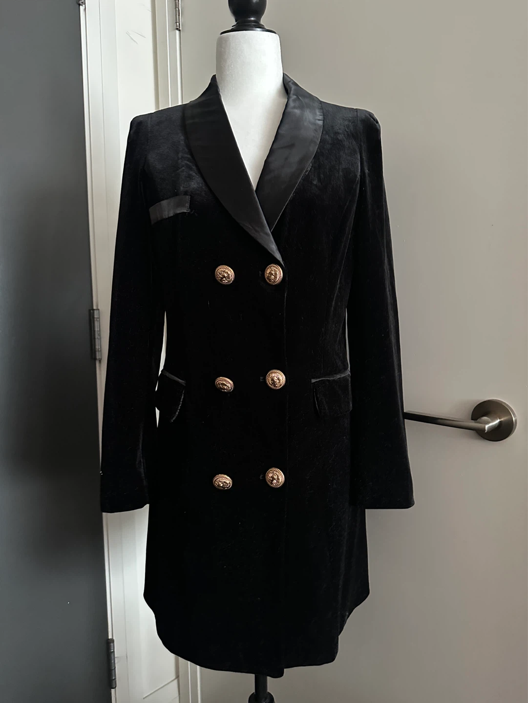 KEINMAY Black Velvet Double-Breasted Blazer Dress M