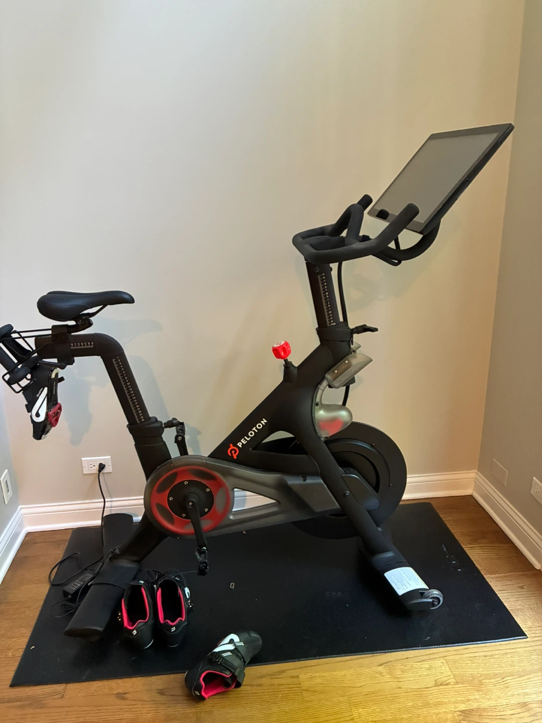 Peloton Bike with Screen, Shoes, and Dumbbells