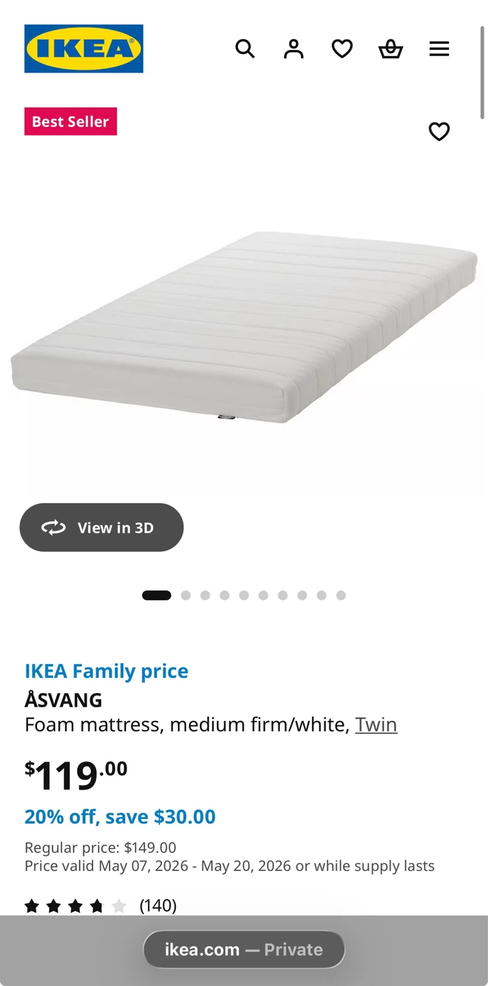 IKEA ÅSVANG Foam Mattress - Twin, Medium Firm/White