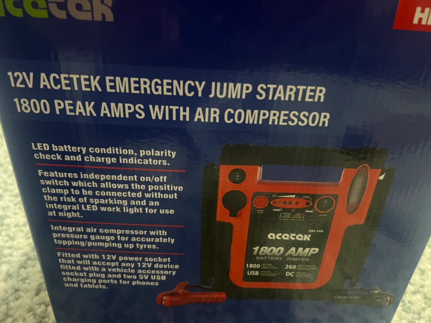 Acetek 1800 Peak Amp Emergency Jump Starter with Air Compressor