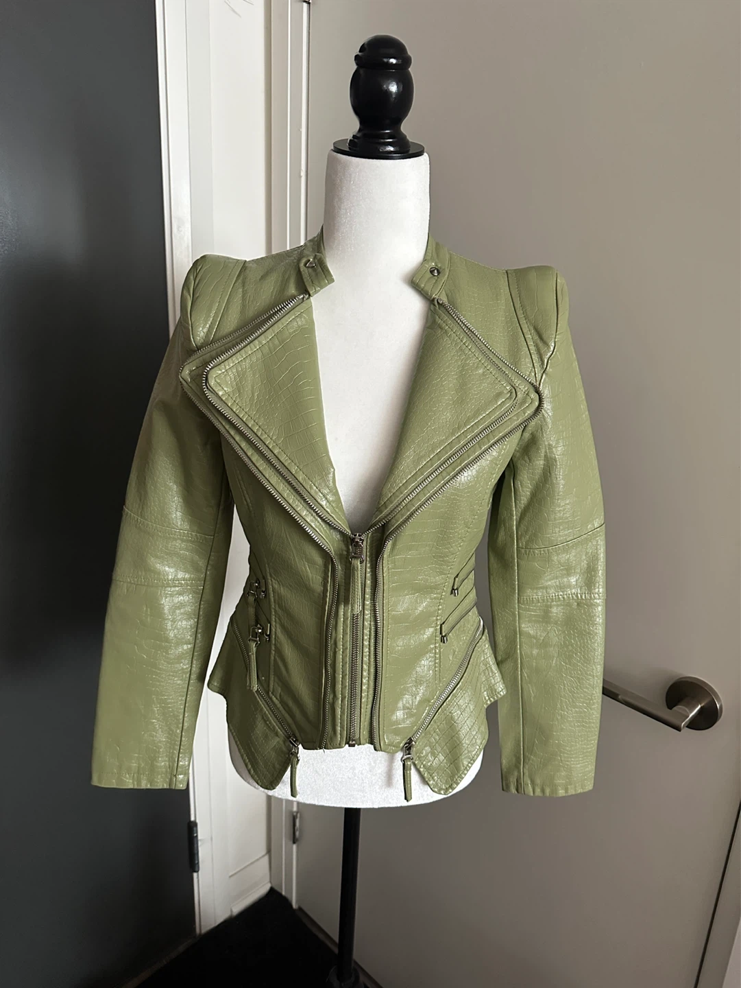 Lime Green Faux Leather Croc Moto Jacket S