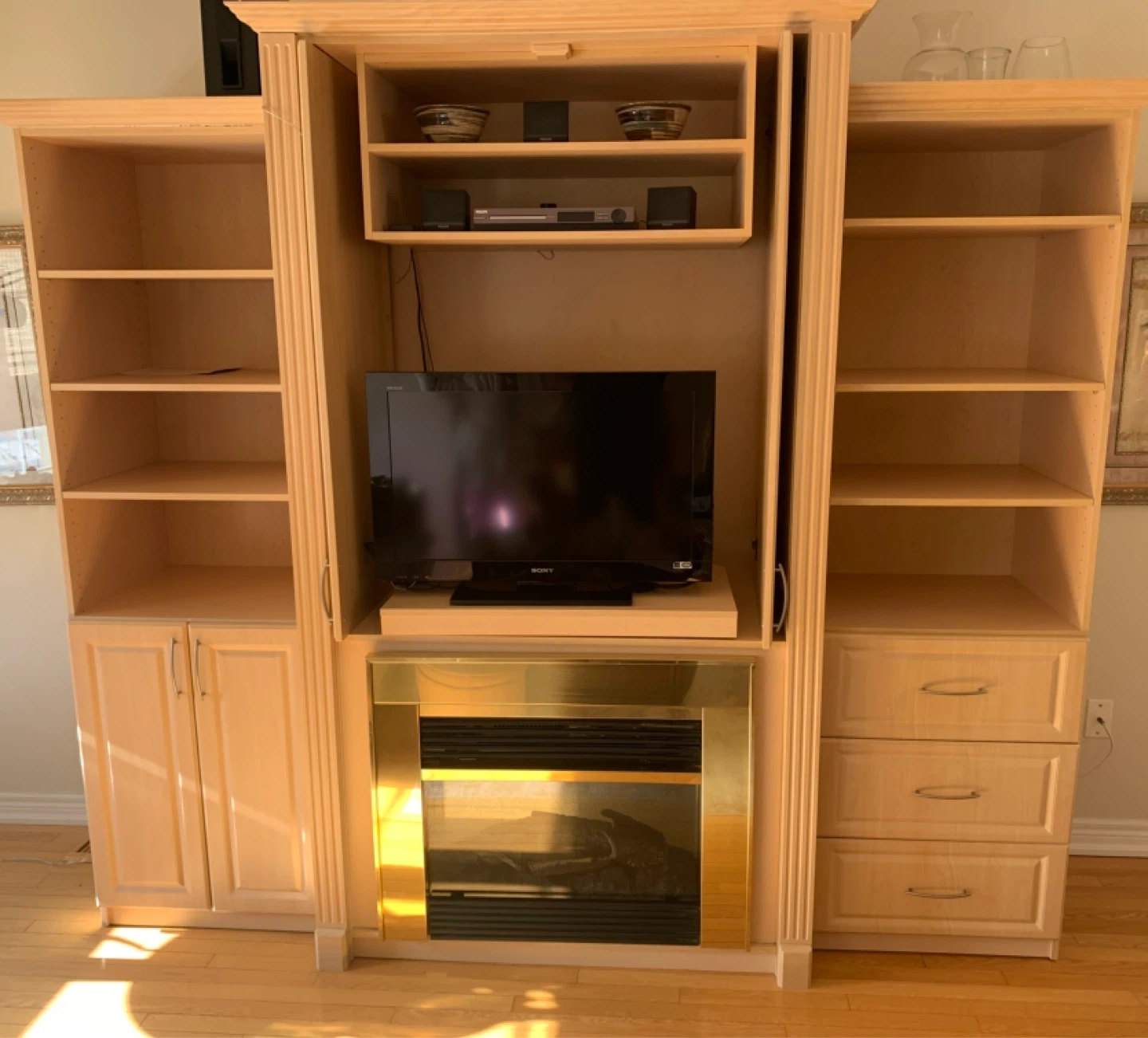 Light Wood Entertainment Unit with Fireplace