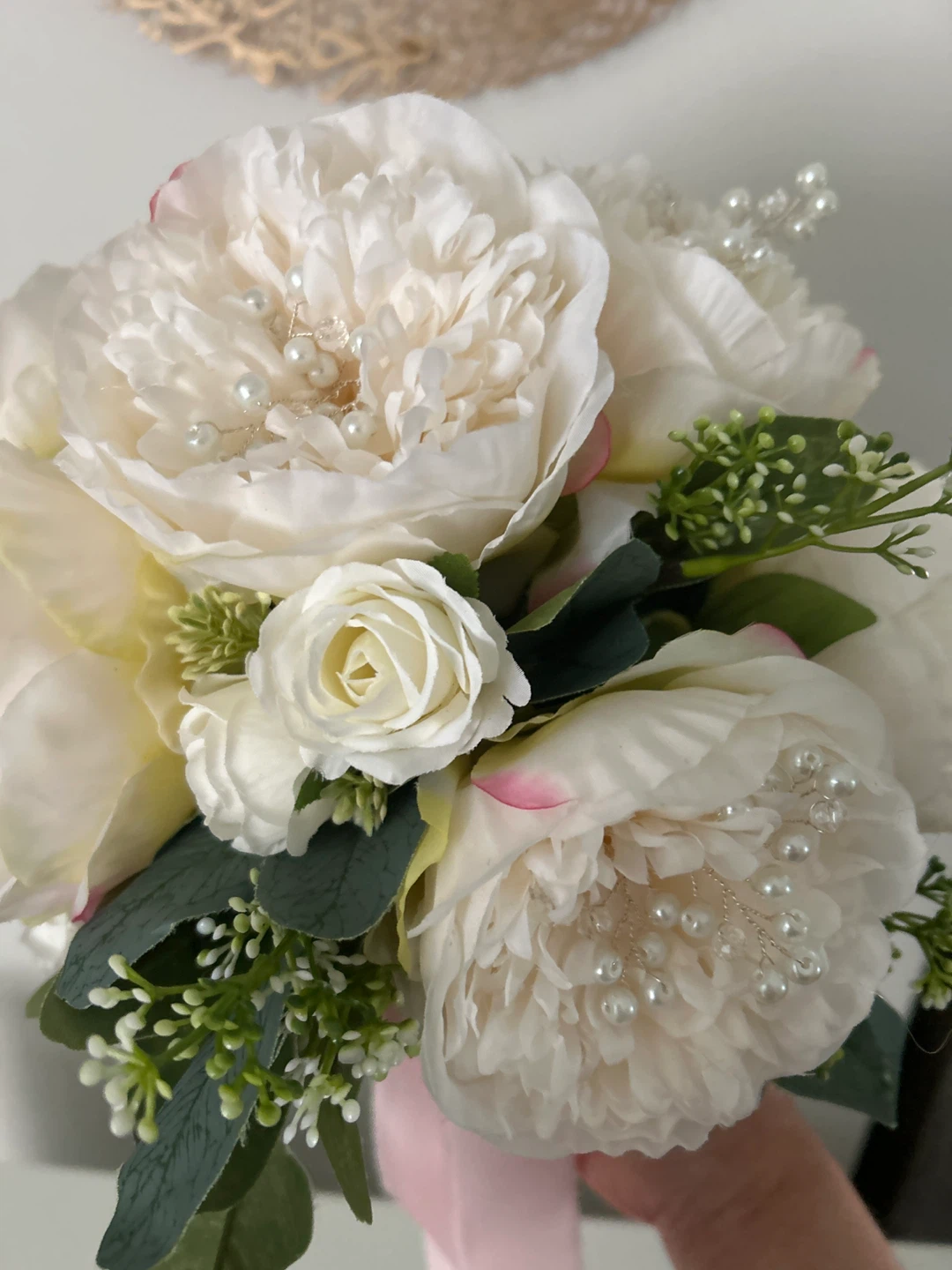 White Peony and Rose Bridal Bouquet with Pearls - photo 2