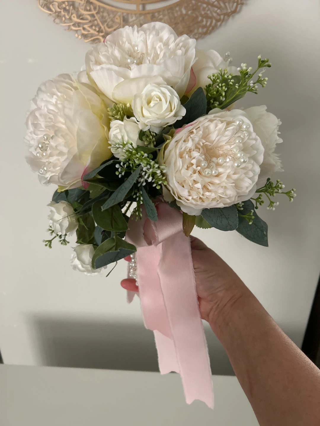 White Peony and Rose Bridal Bouquet with Pearls