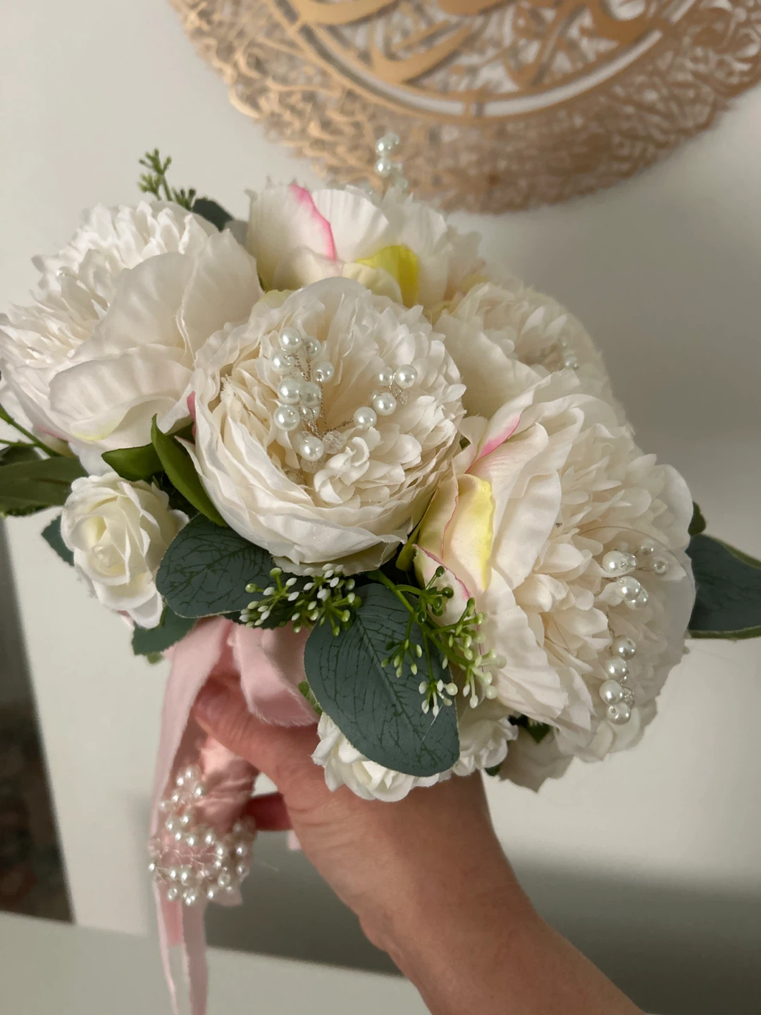 White Peony and Rose Bridal Bouquet with Pearls - photo 3