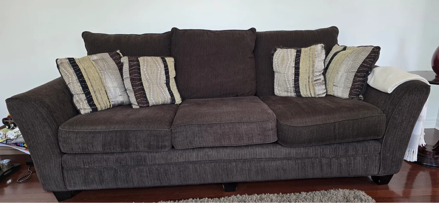 Dark Brown Loveseat and Sofa with Accent Pillows