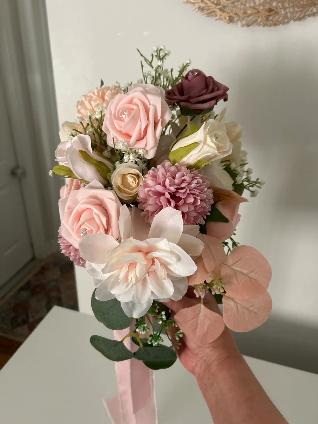 Artificial Wedding Bouquet with Pink and White Roses - photo 4