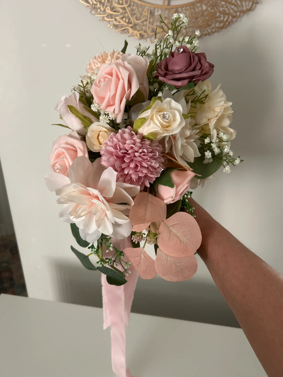 Artificial Wedding Bouquet with Pink and White Roses