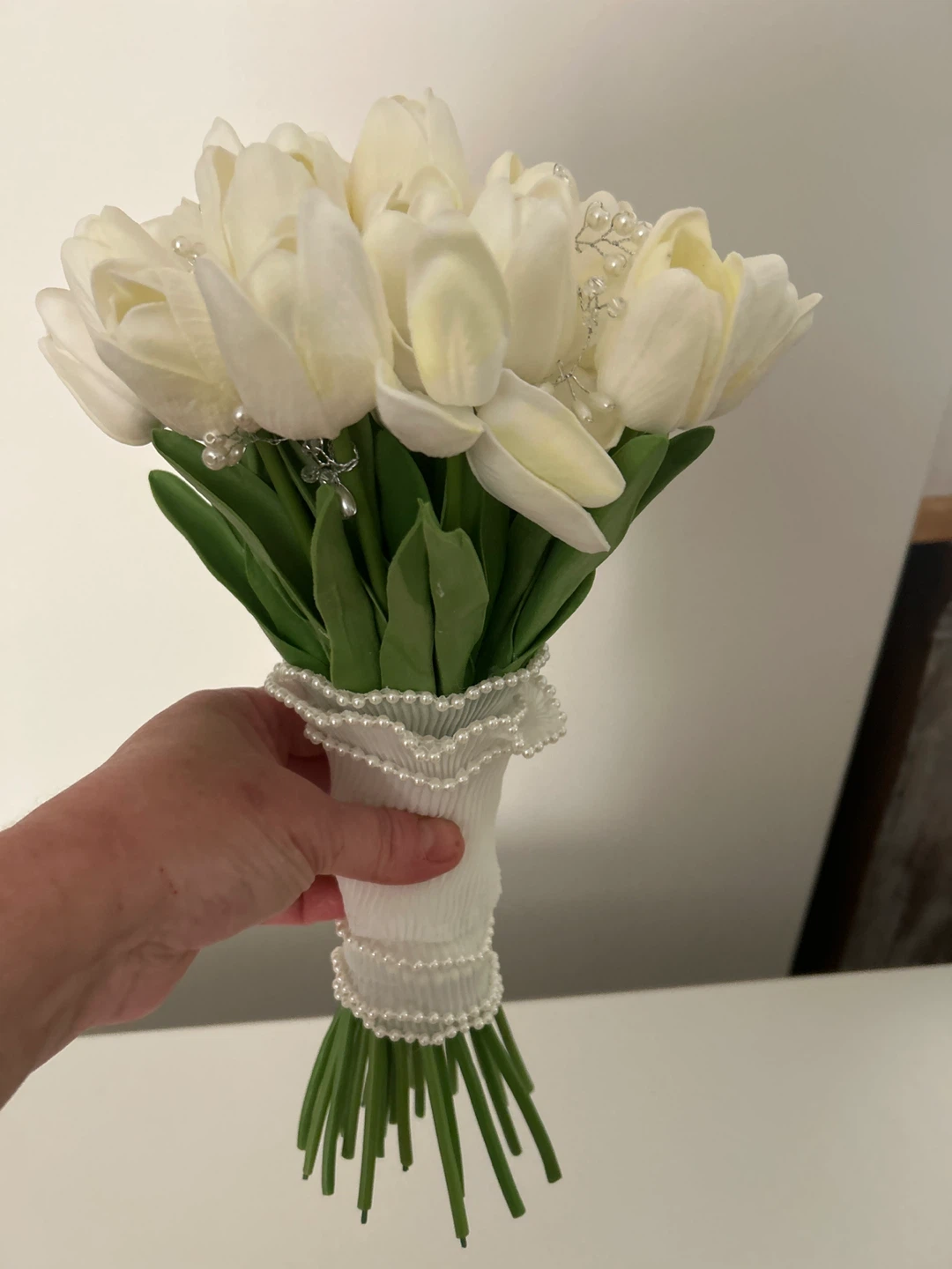 White Tulip Bridal Bouquet with Pearls