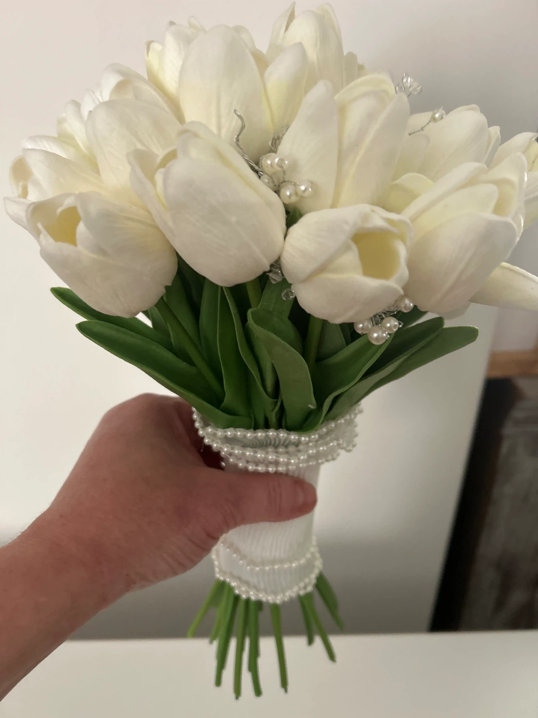 White Tulip Bridal Bouquet with Pearls - photo 3