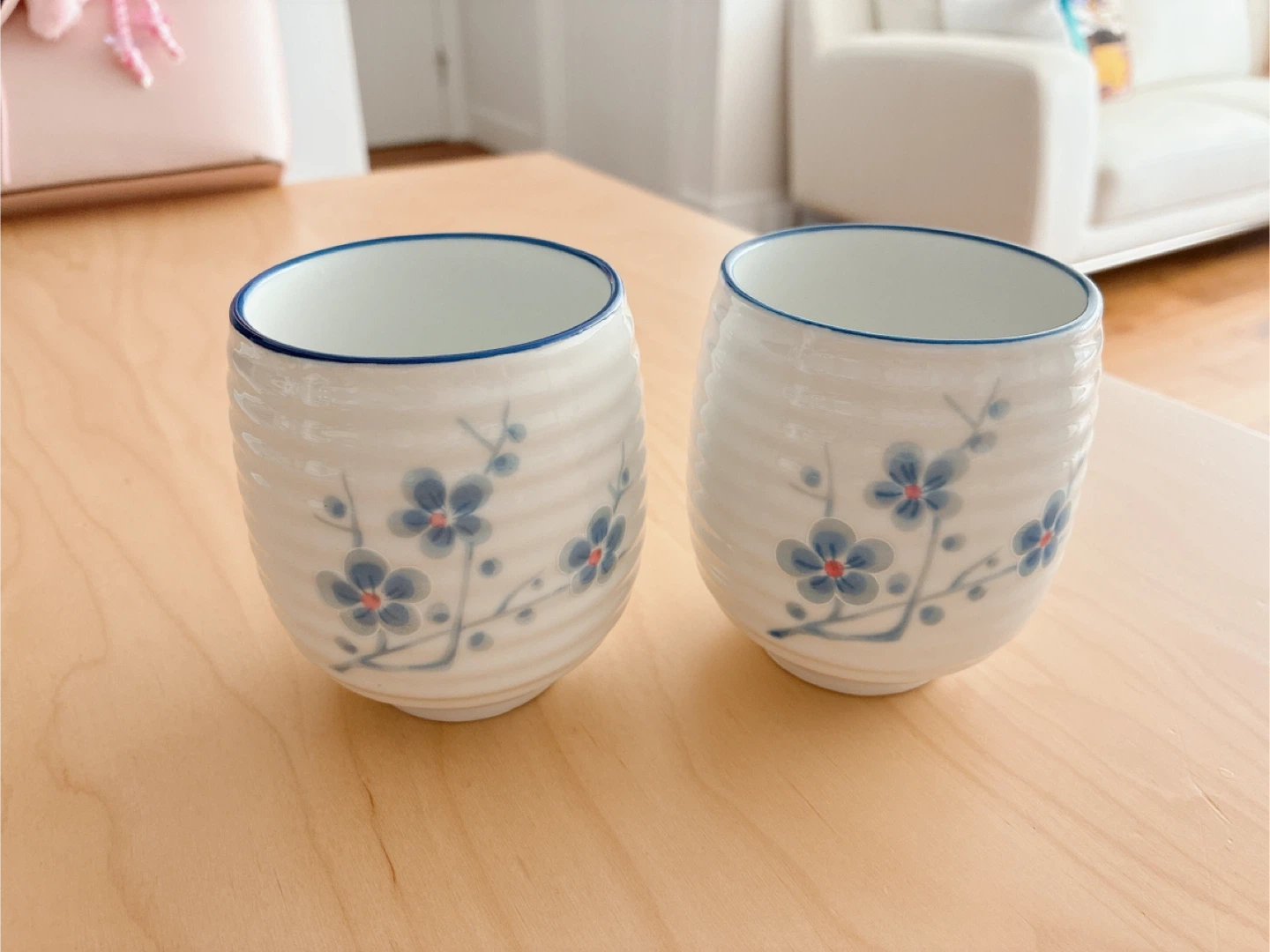 Set of 2 Ceramic Tea Cups - Blue Floral Design