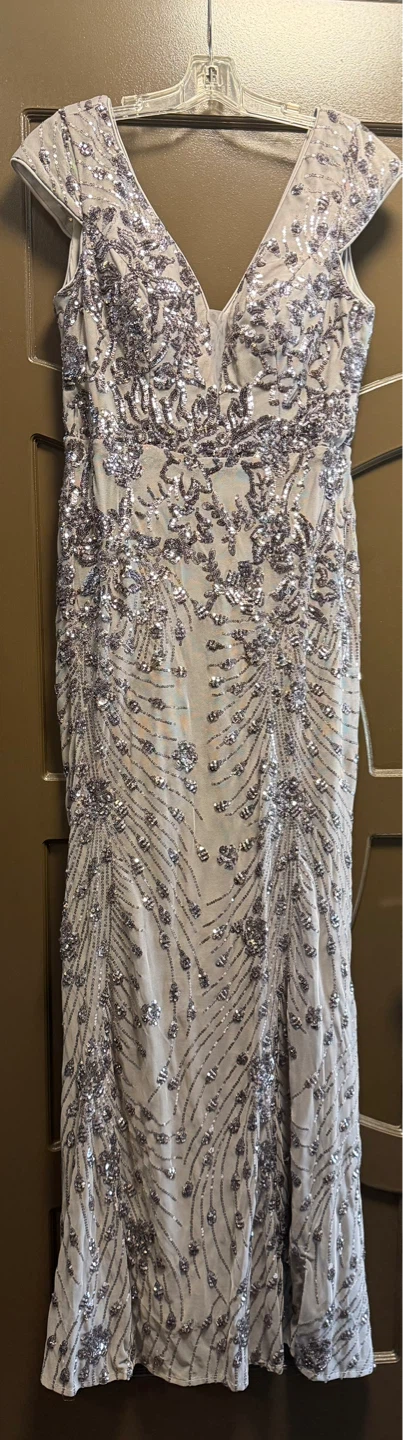 Sparkly Silver Sequin Cap Sleeve Evening Dress