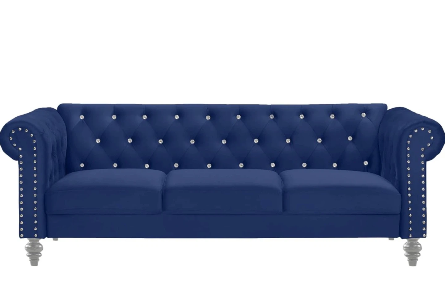 Blue Velvet Tufted Sofa with Crystal Accents