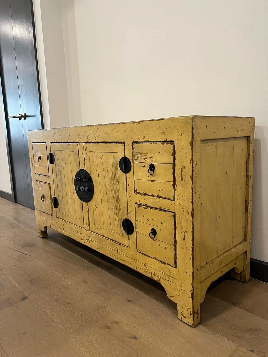 Yellow Chinese Style Cabinet with Drawers and Doors