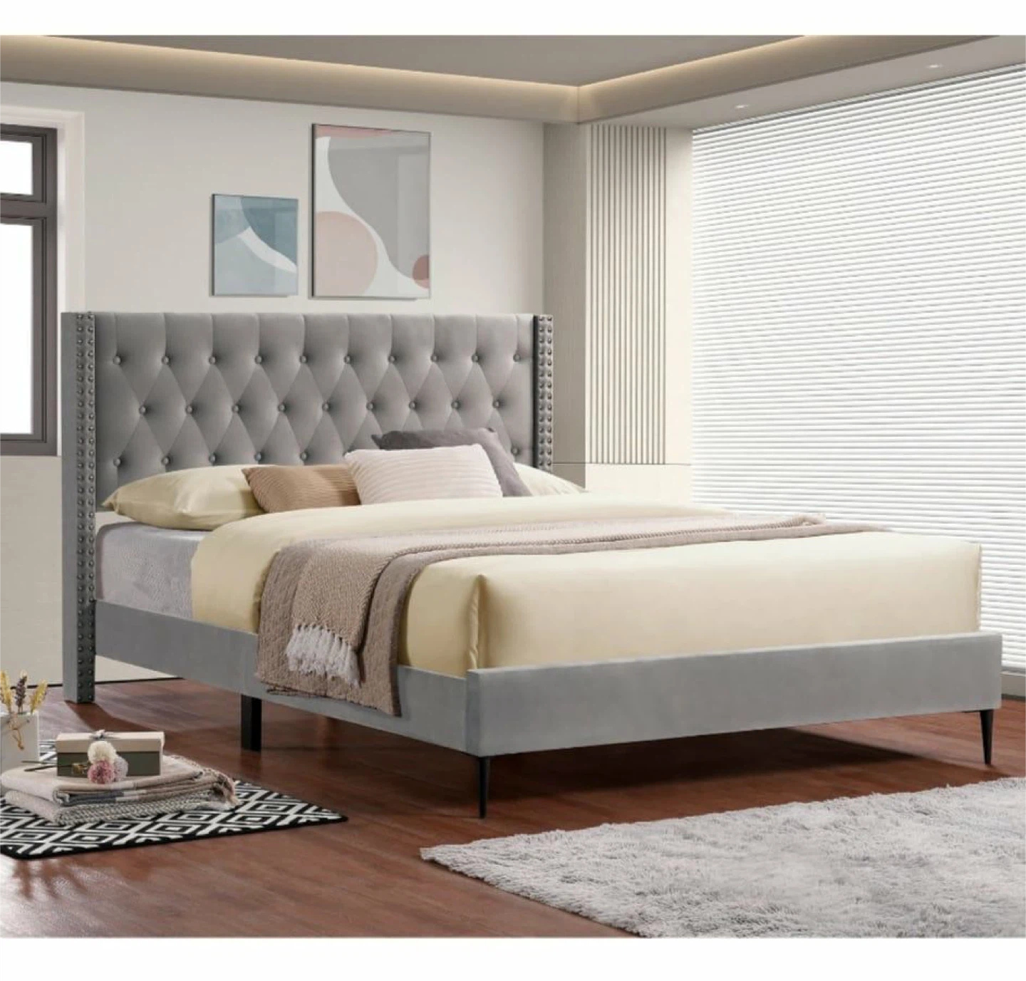 Velvet Tufted Headboard Bed Frame - photo 2