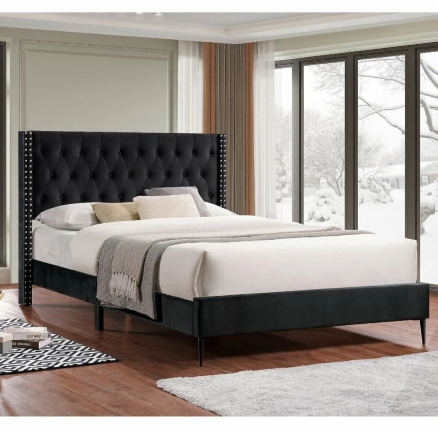 Velvet Tufted Headboard Bed Frame