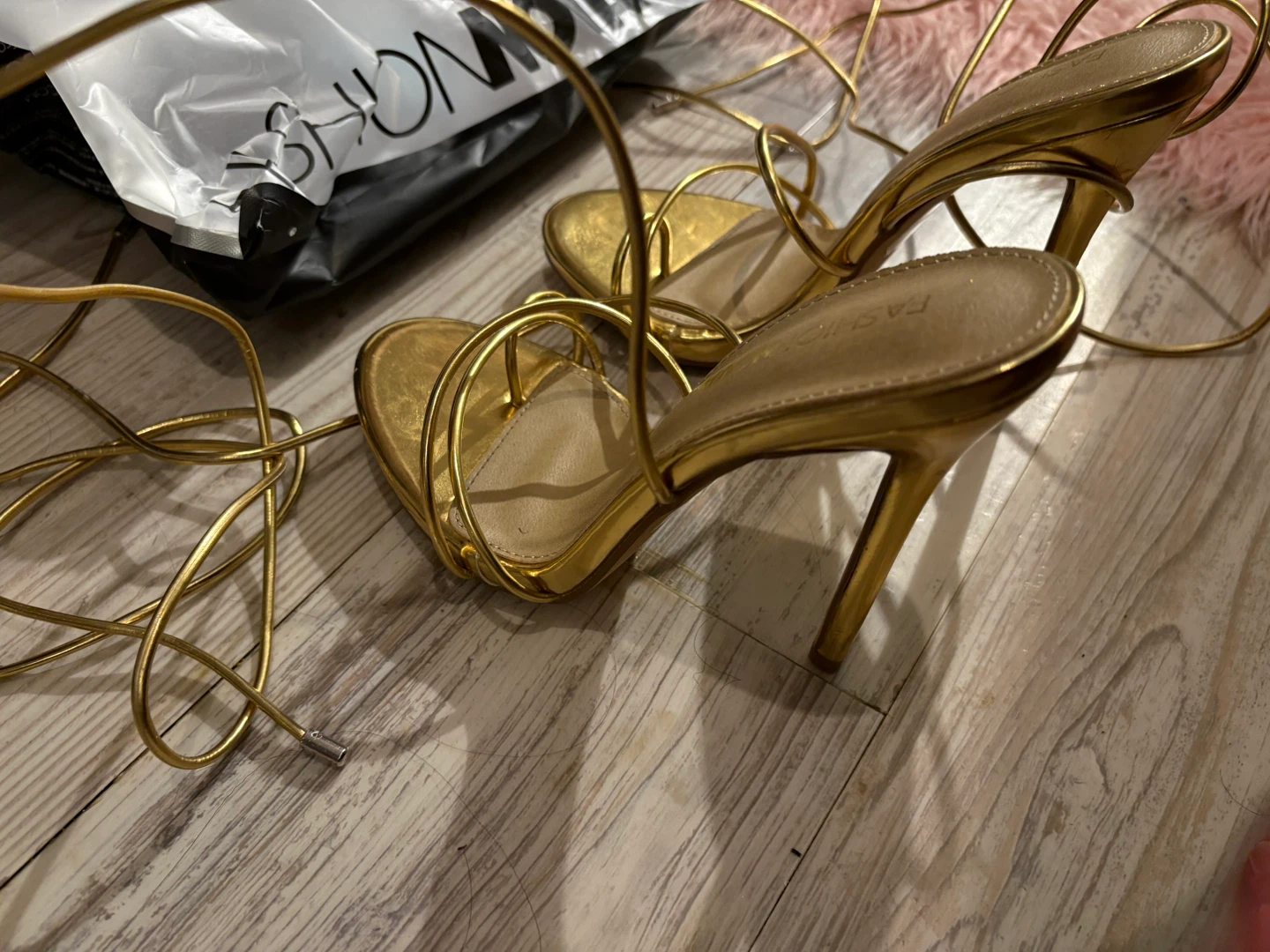 Fashion Nova Gold Strappy Stiletto Heels