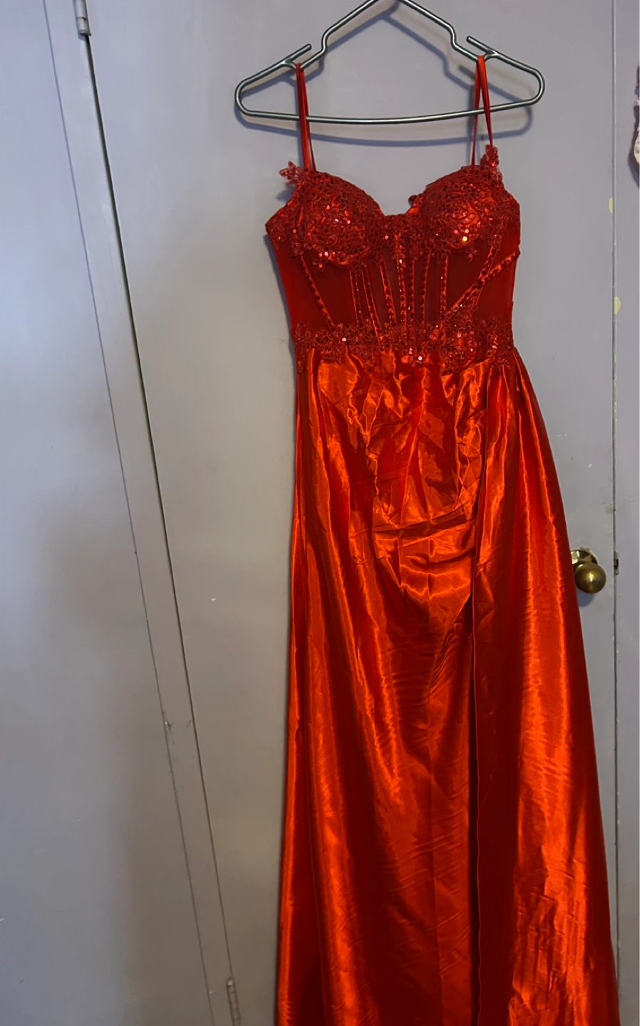 Red Satin Corset Prom Dress with Slit - photo 3