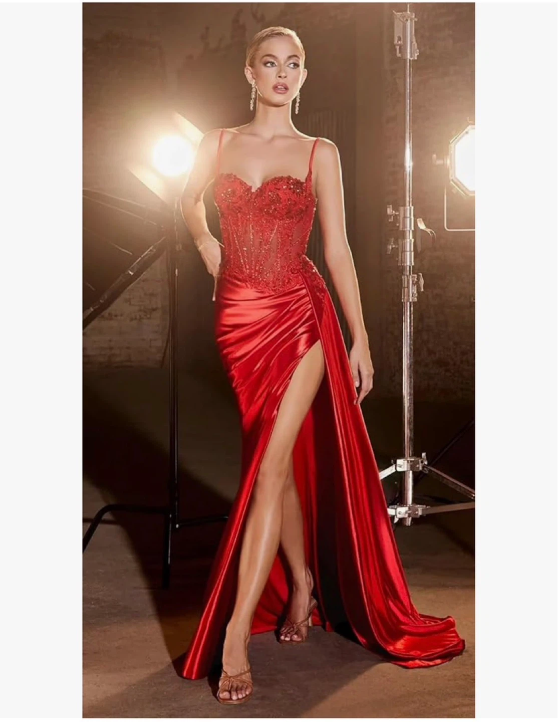 Red Satin Corset Prom Dress with Slit - photo 2
