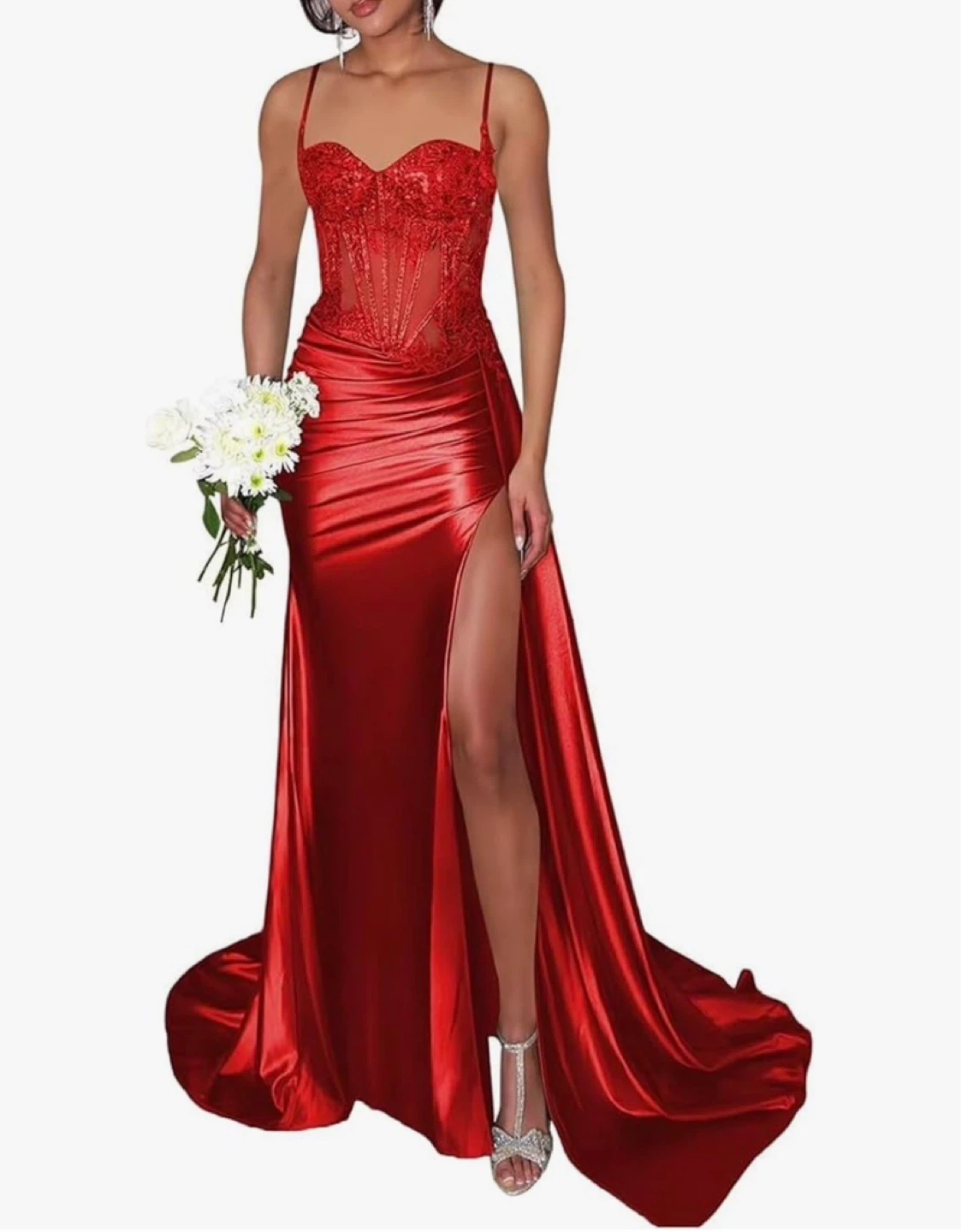 Red Satin Corset Prom Dress with Slit