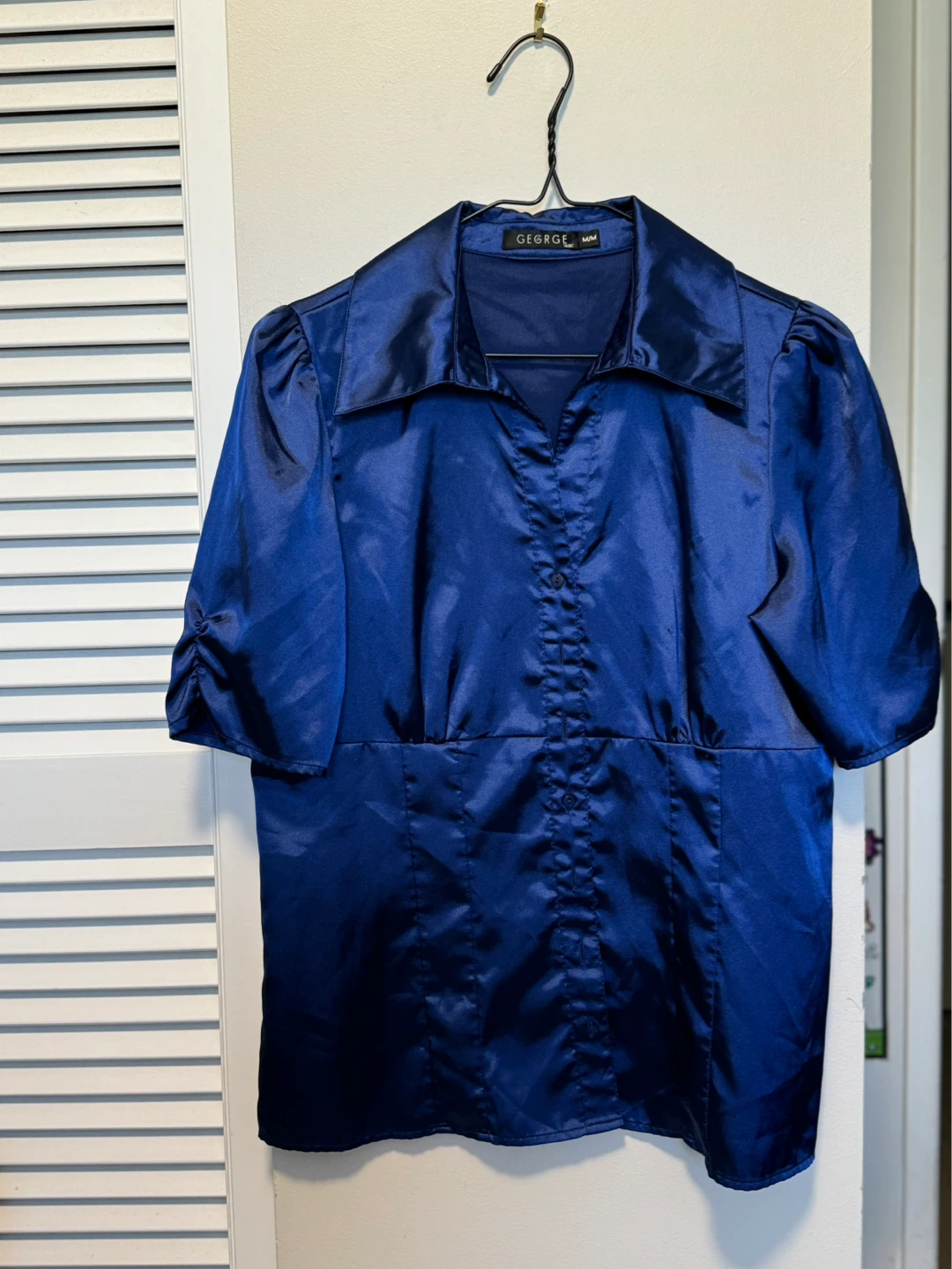 George Blue Satin Button-Up Shirt Size M