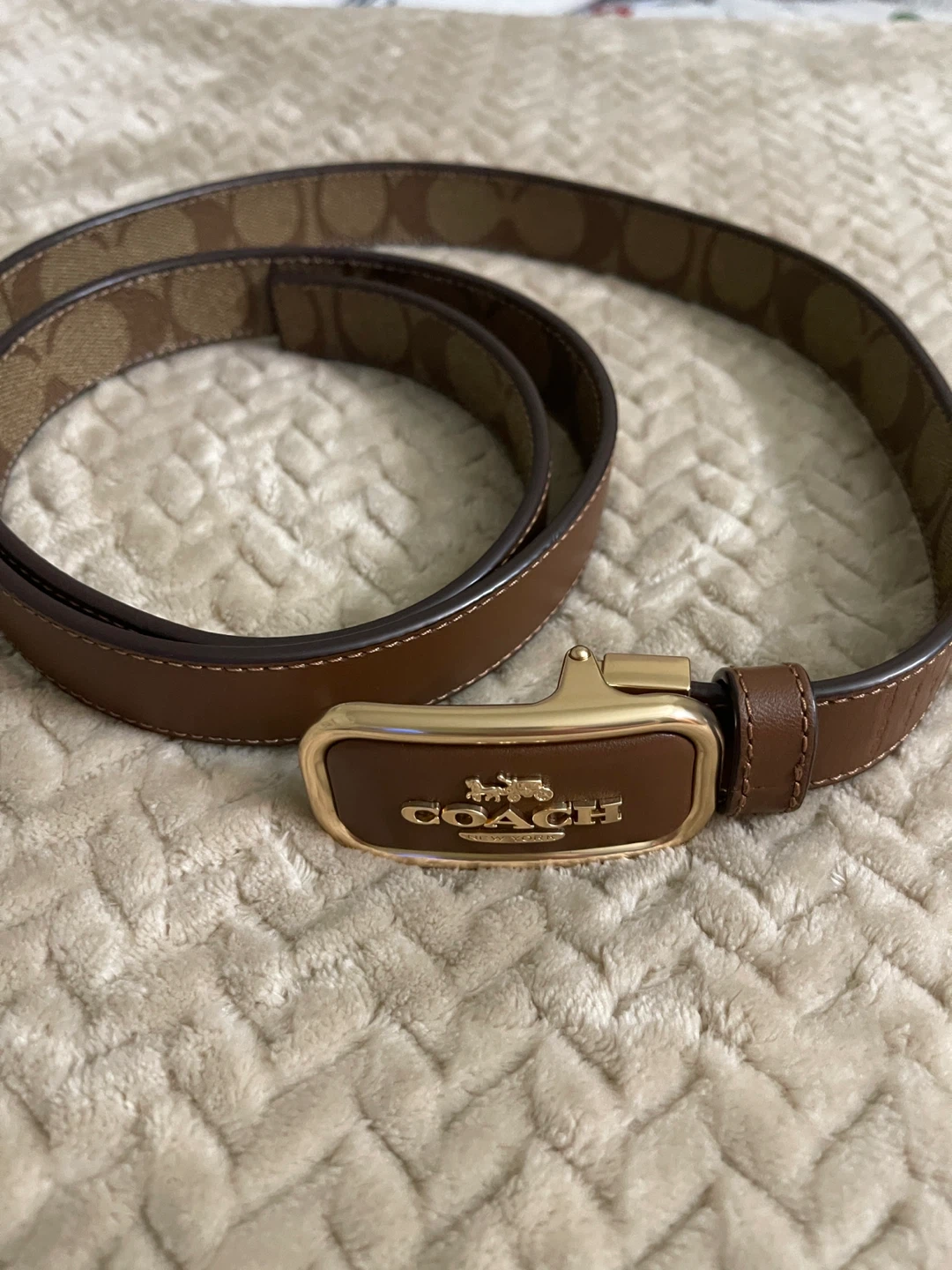 COACH Brown Monogram Belt with Gold Buckle